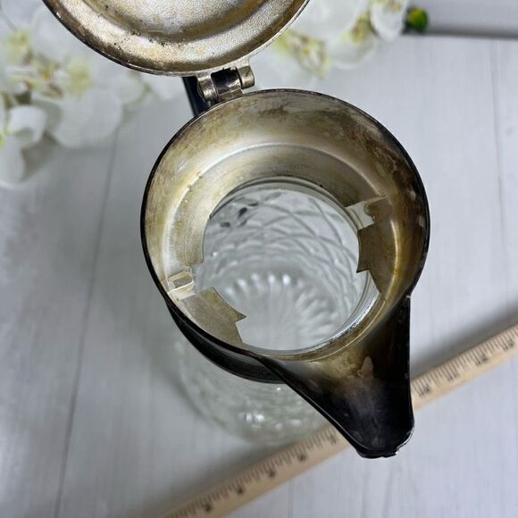 Large Silver Plate Cut Clear Glass Serving Pitcher Carafe - Picture 13 of 13